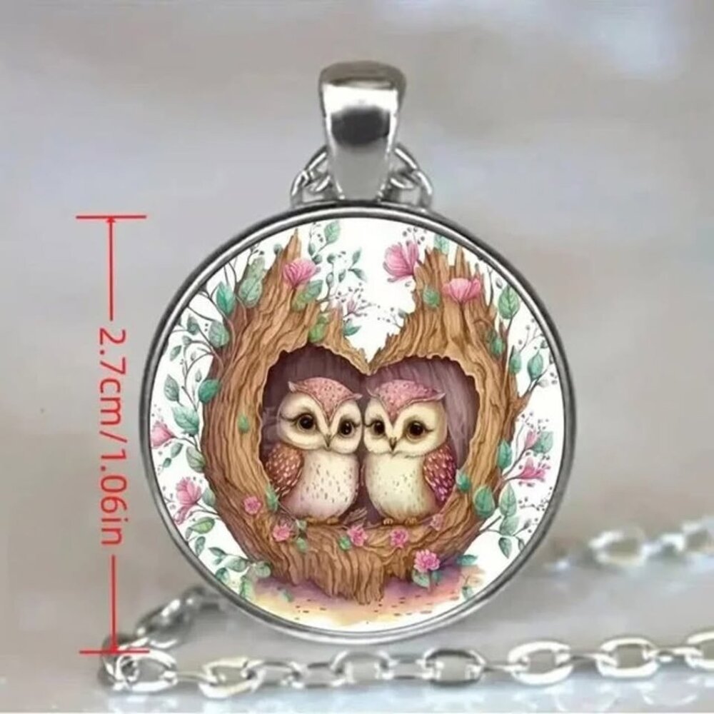 Silver OWL Glass Cabochon Pendant Necklace - Picture 2 of 3